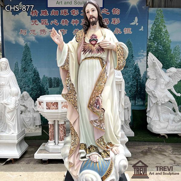 Life-Size Painted Marble Sacred Heart Jesus Statue